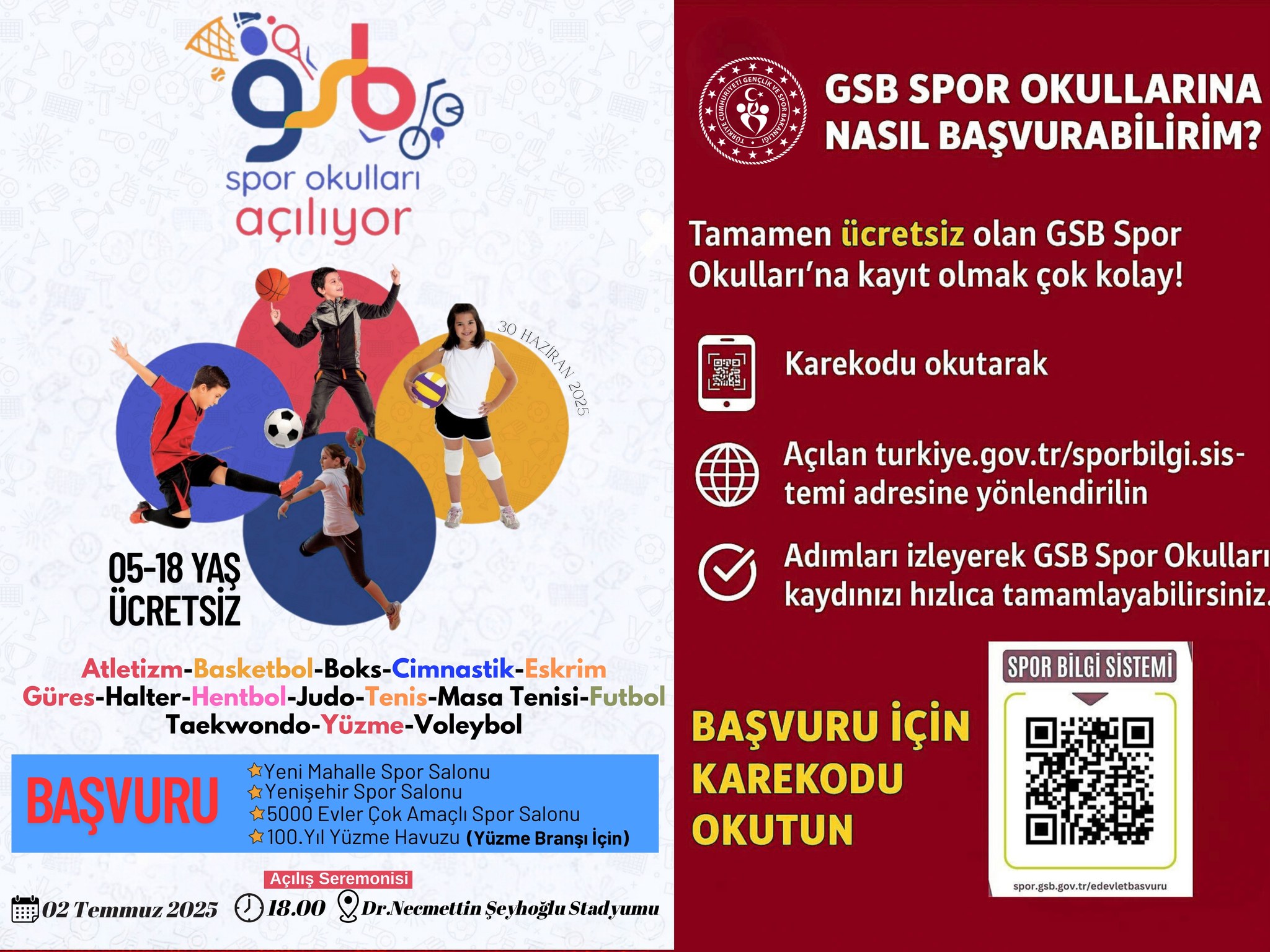 GSB Spor Okulları ve GSB Engelsiz Spor Okulları Açılıyor
